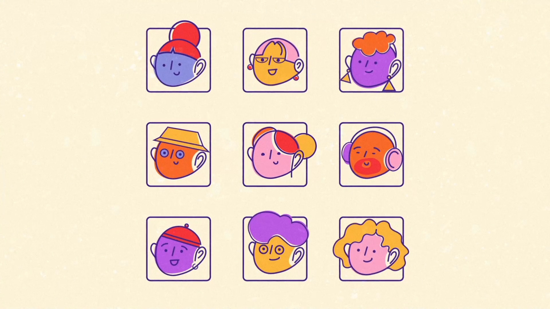 An illustration of 9 happy and diverse people.