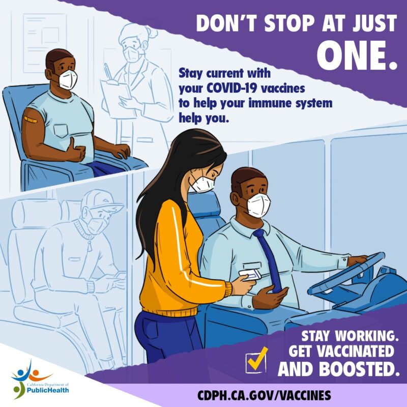 An illustration of multiple people getting COVID vaccines and presenting vaccine cards.